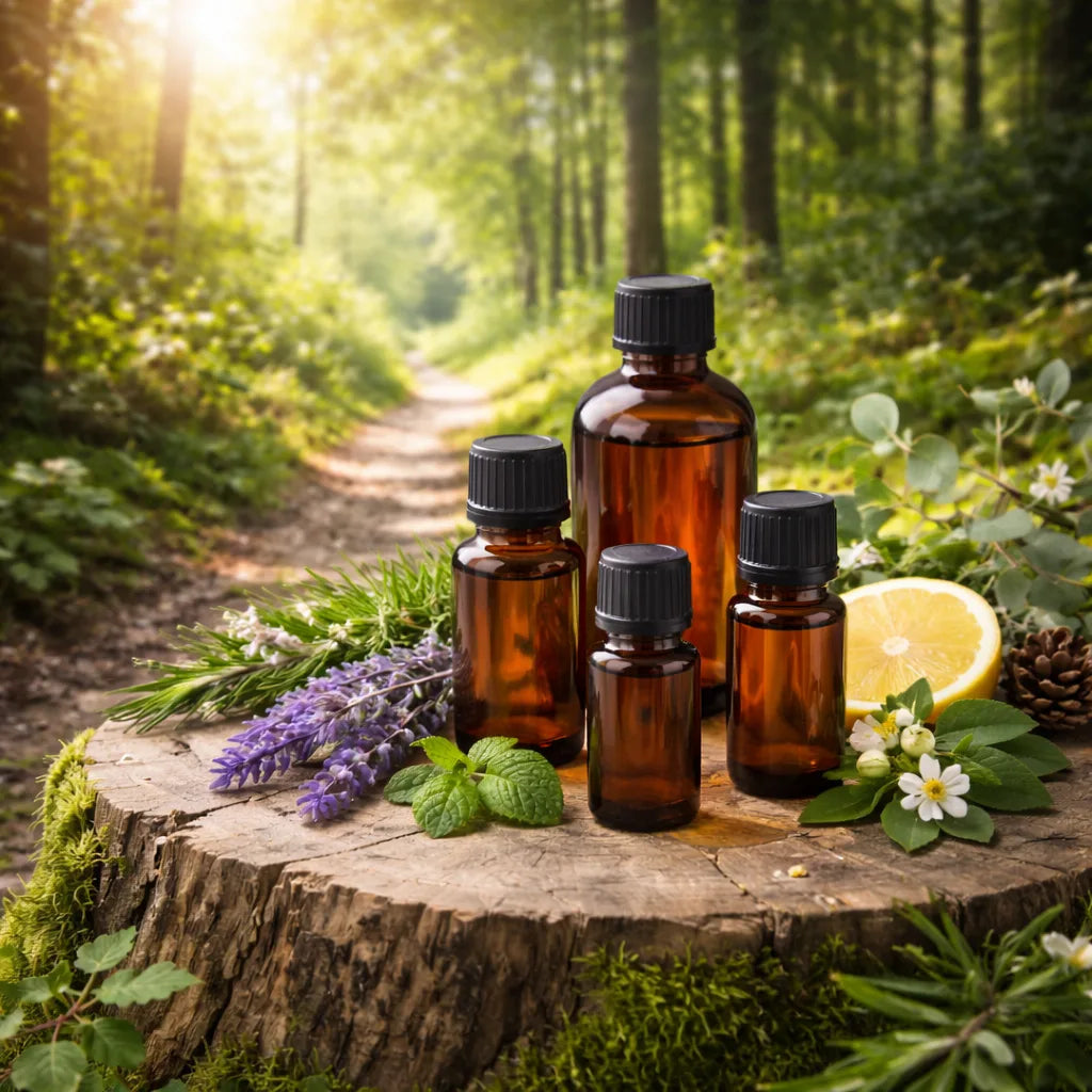 Essential oil bottles sitting ona a stump in a bush setting