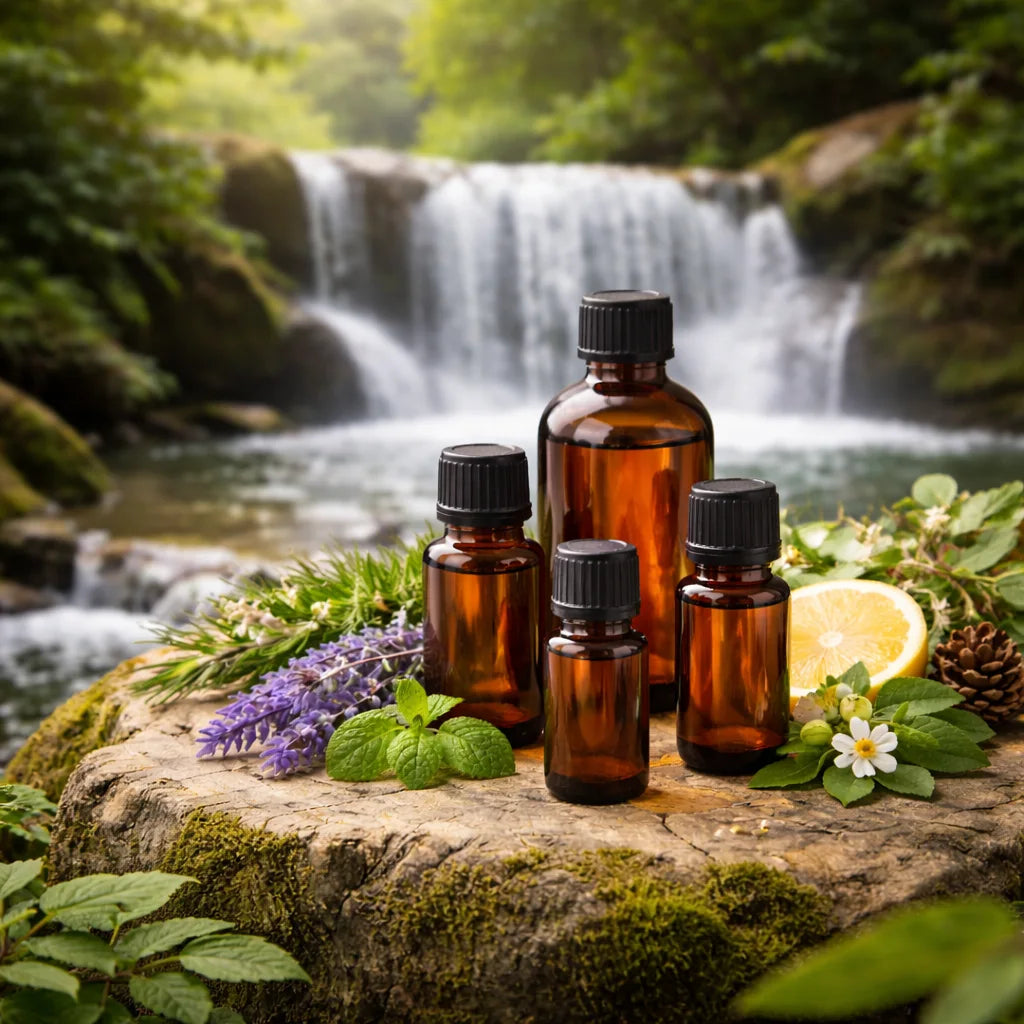 Essential oils sitting on a stump in front of a waterfall