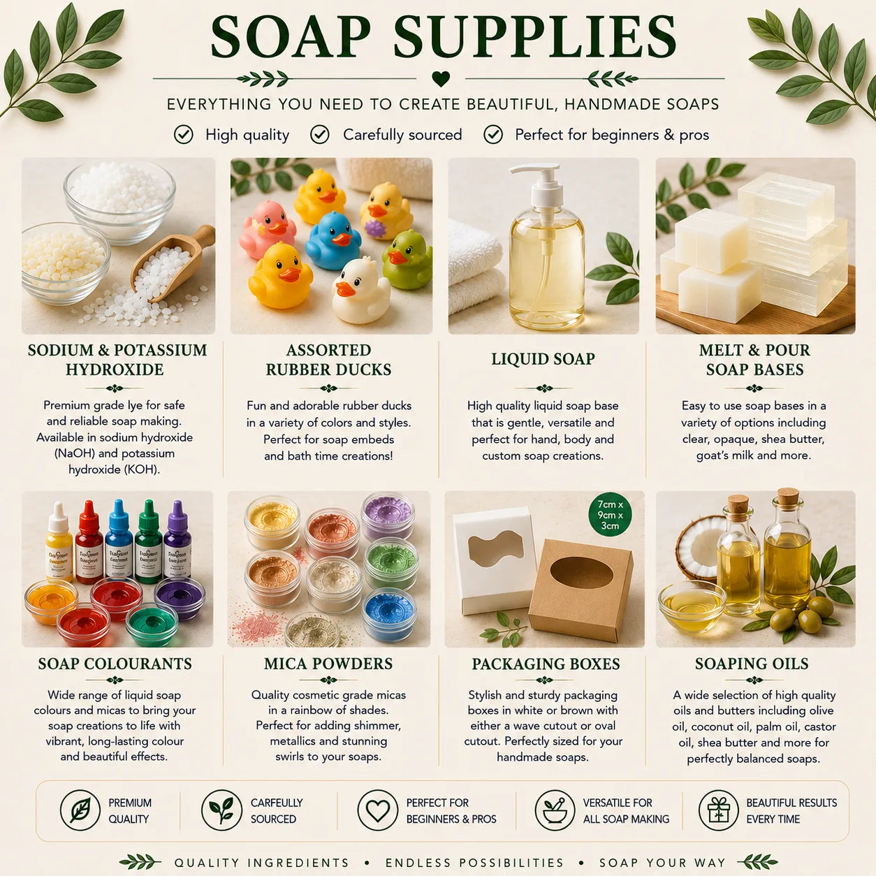 Assorted components needed to make soap