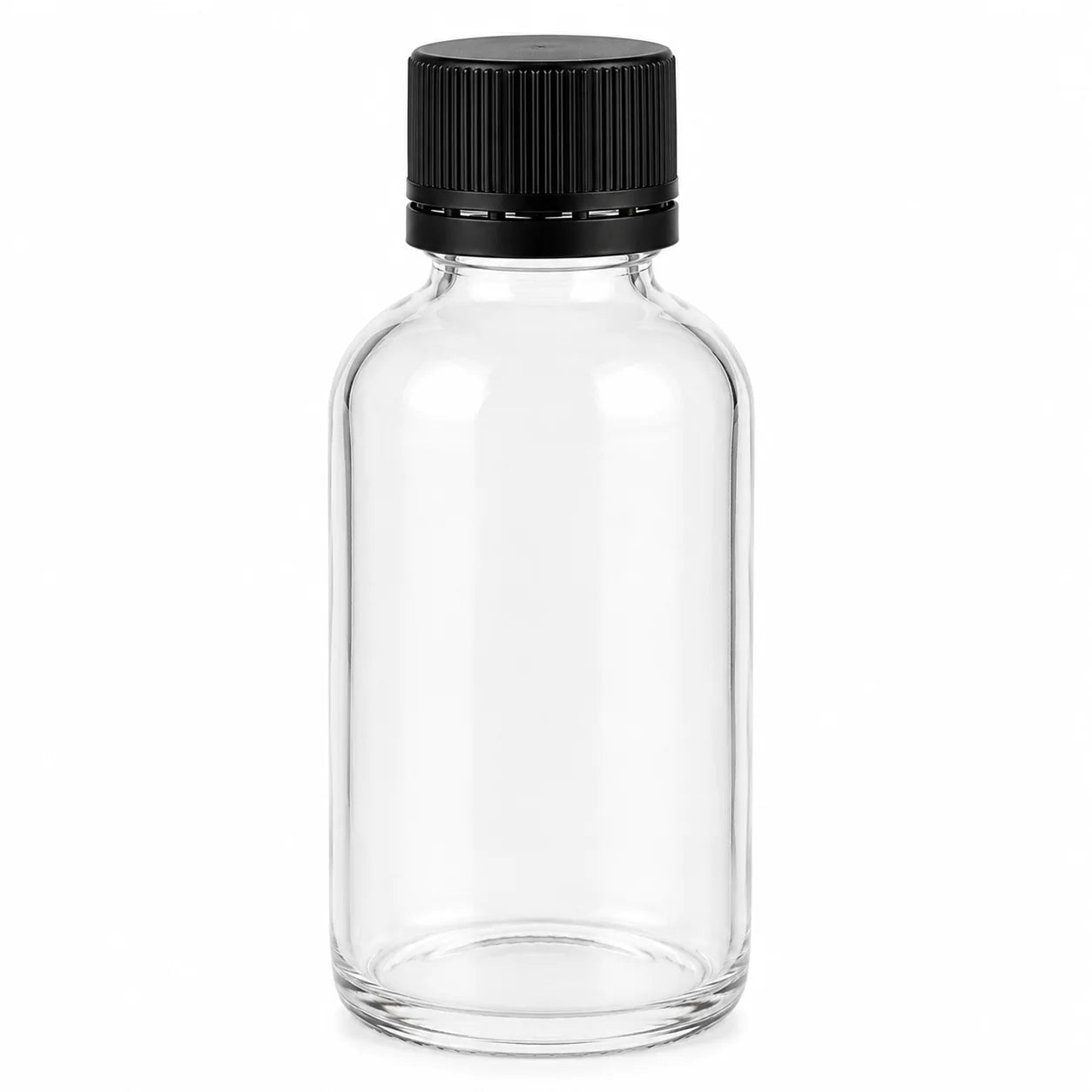 A clear glass bottle with a black ribbed screw cap, shown against a plain white background.