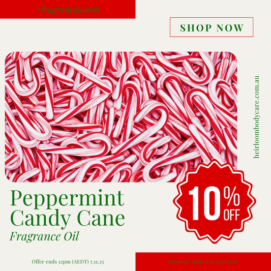 Advertisement for peppermint candy cane fragrance oil with a 10% off discount offer.