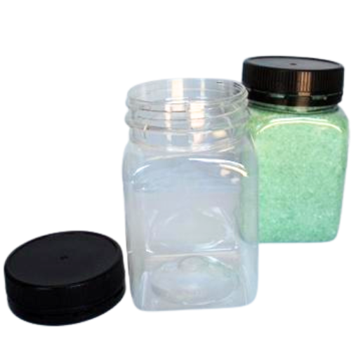 Empty 375gm Jar and lid and one containing green bath salts to show application