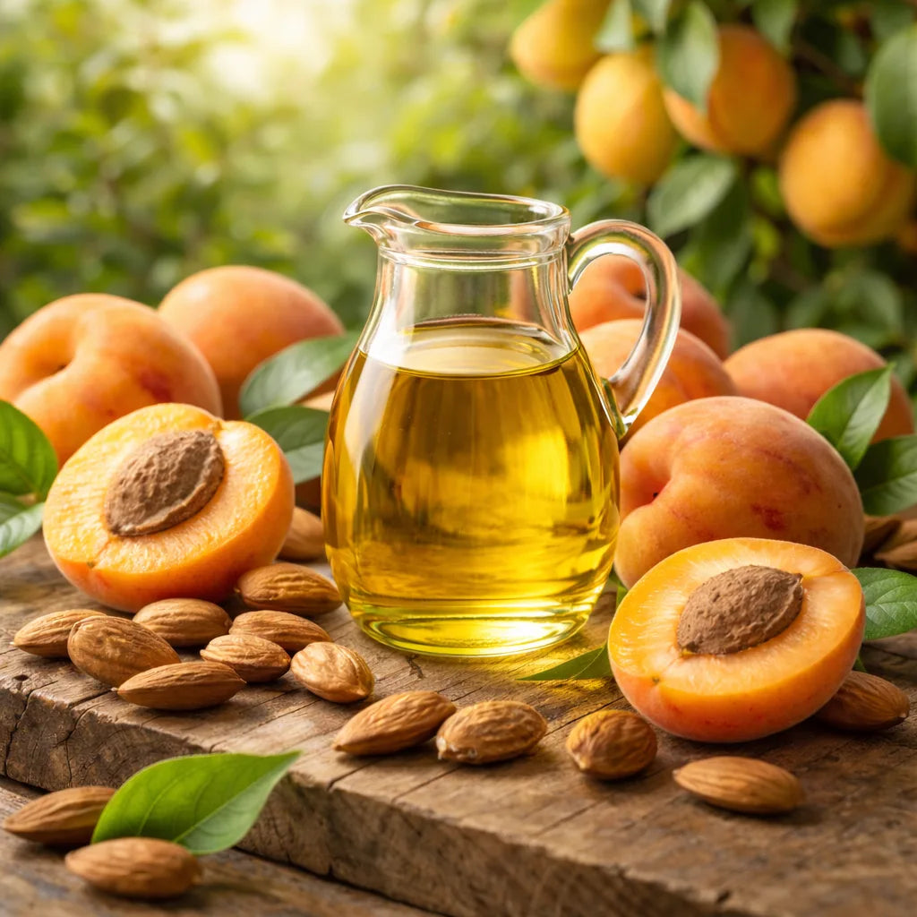 Apricot kernel oil in a jug on natural timber surrounded by apricots and apricot kernels