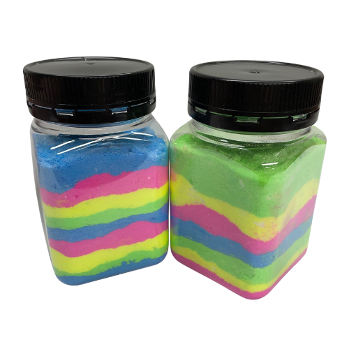 Jars filled with layered coloured bath fizz from Kids Bath Fizz Kit