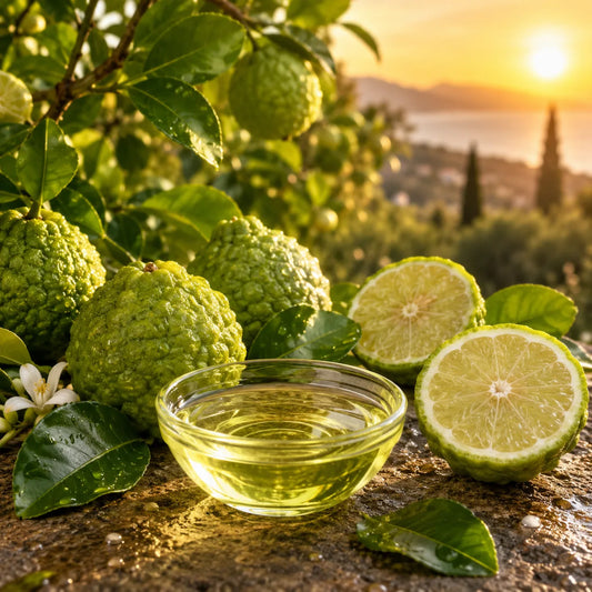 Bergamot fruit sitting on a log in front of a sun rise