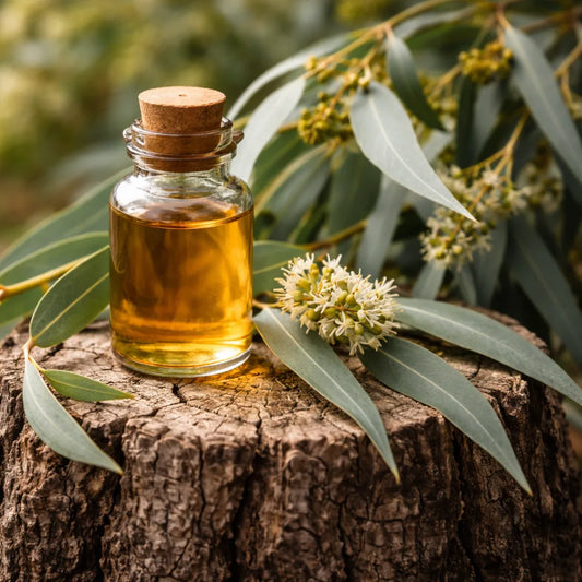 Blue mallee essential oil sitting on stump with eucalyptus leaves
