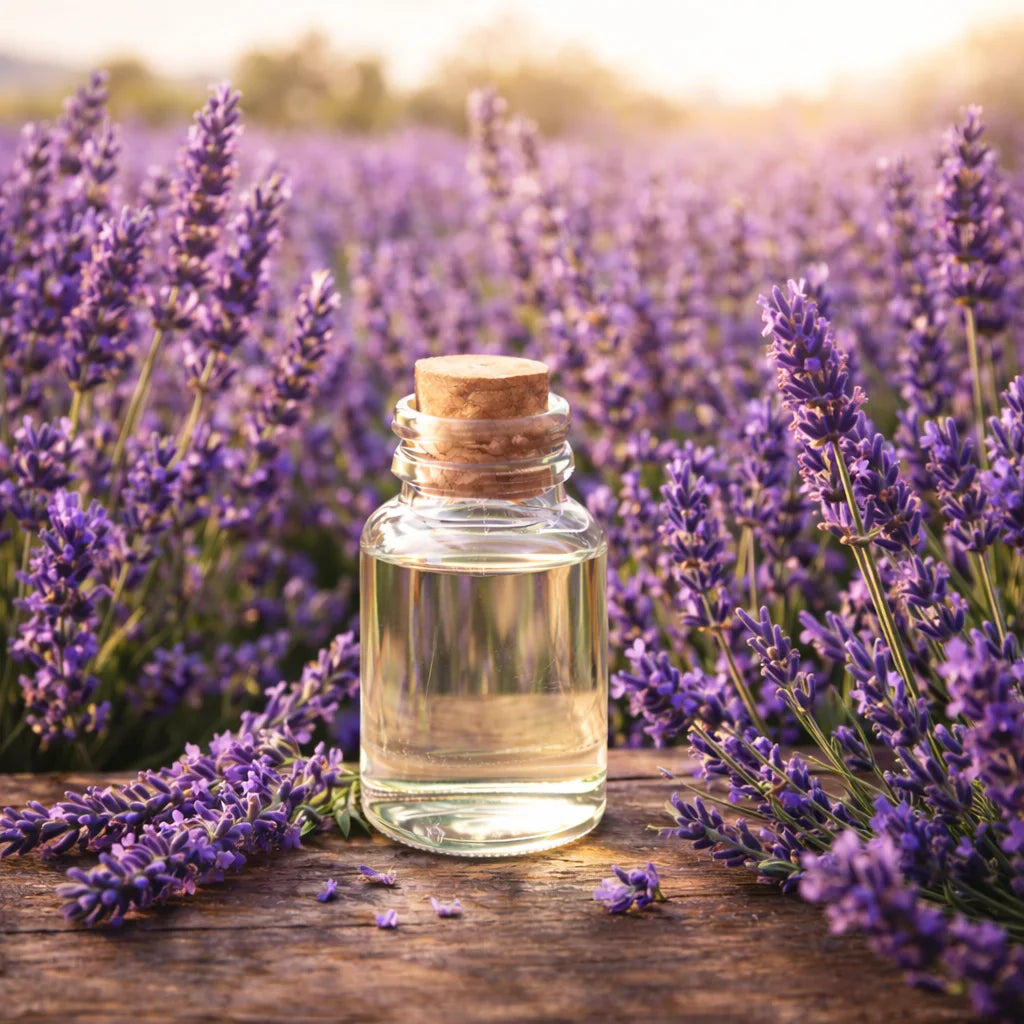 Bularian lavender essential oil surrounded by lavender fields