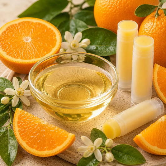 Clear bowl of Burst of Orange Natural Flavour Oil , lip balms and orange fruit and flowers.