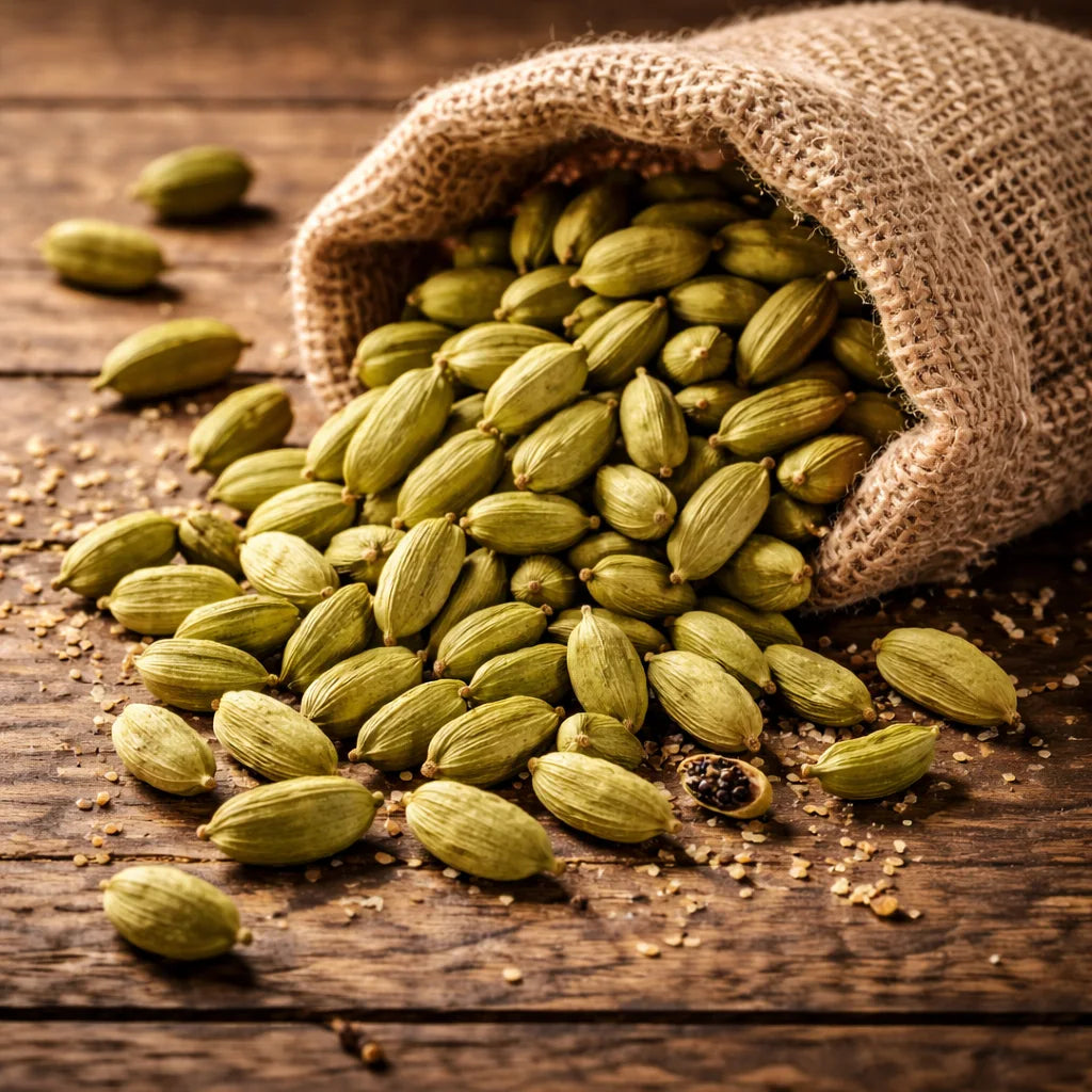 Green cardamom pods spilling out of a burlap bag on a wooden surface