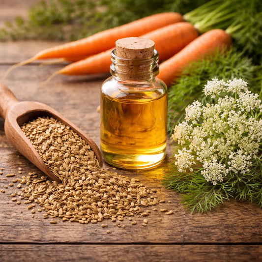 Carrot seed essential oil with carrot seeds, carrots and carrot flowers