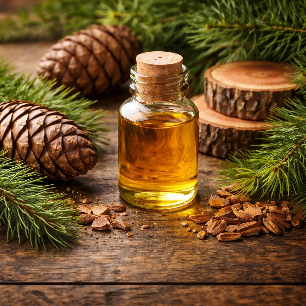 Bottle of cedarwood atlas essential oil with pine cones and branches on a wooden surface