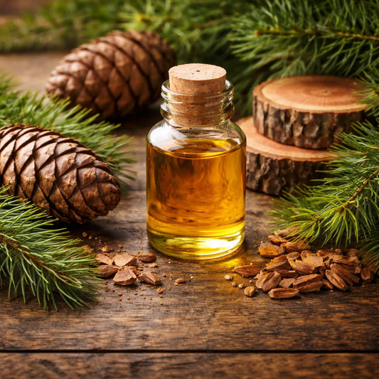 Bottle of cedarwood atlas essential oil with pine cones and branches on a wooden surface