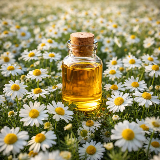 Chamomile Roman essential oil in a field of chamomile flowers