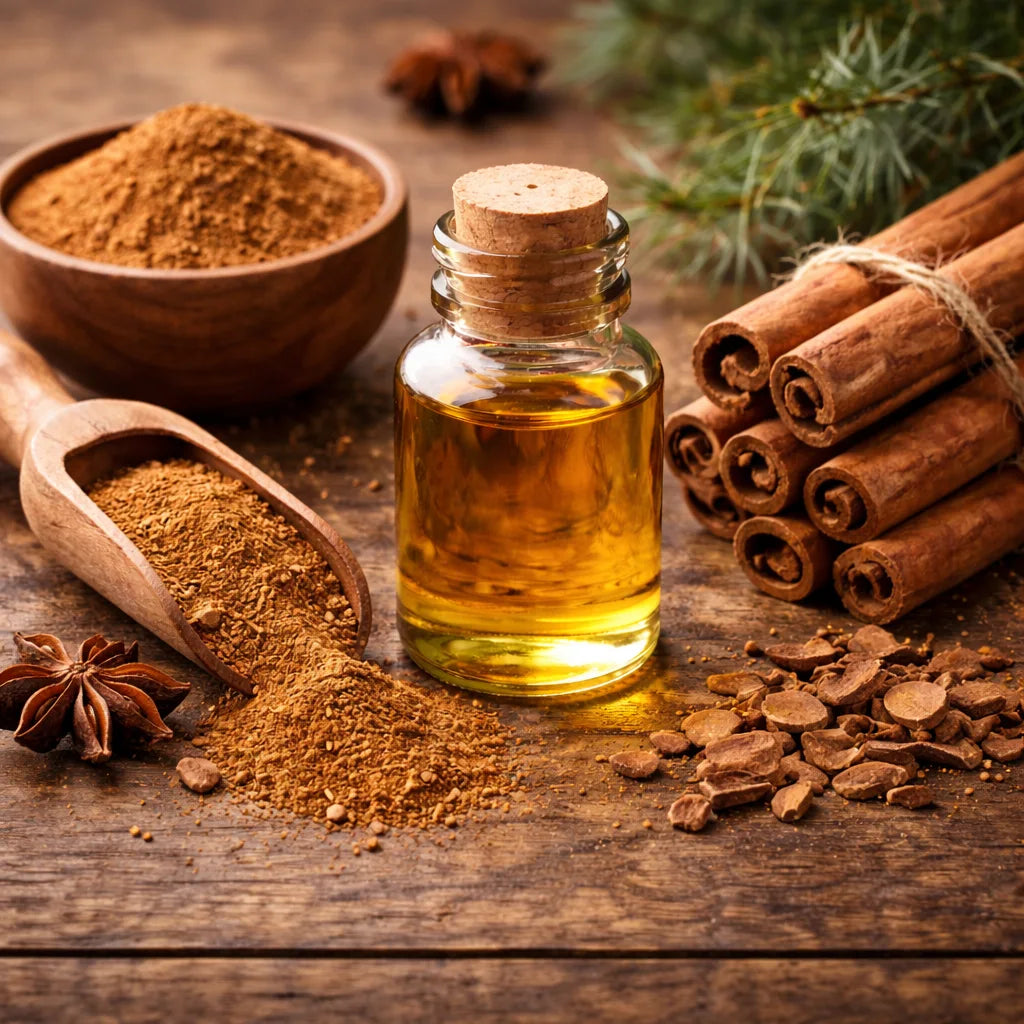 Cinnamon oil bottle with cinnamon sticks and ground cinnamon on a wooden surface.