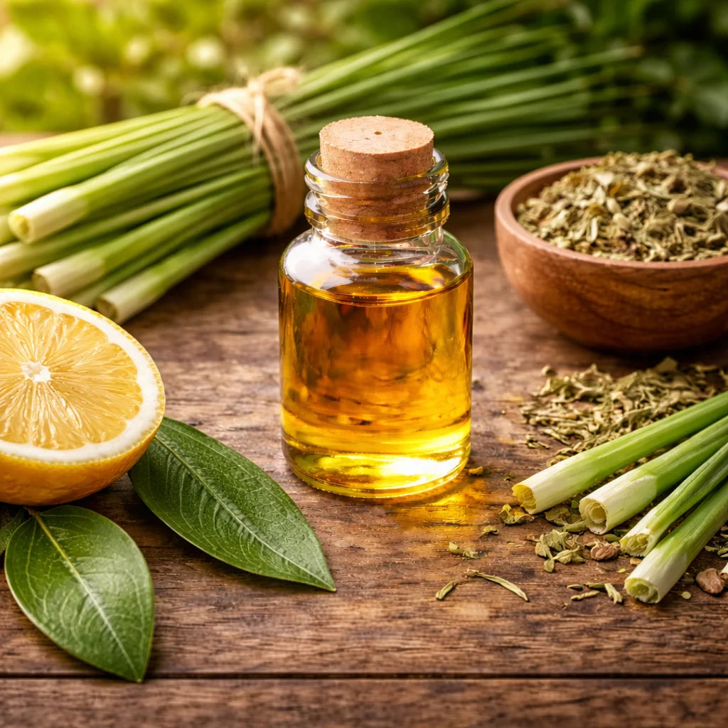 Citronella essential oil with dried and fresh citronella stems