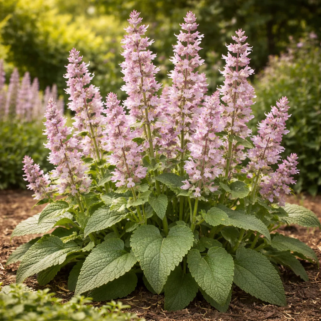 Clary sage in full bloom in a well lit garden