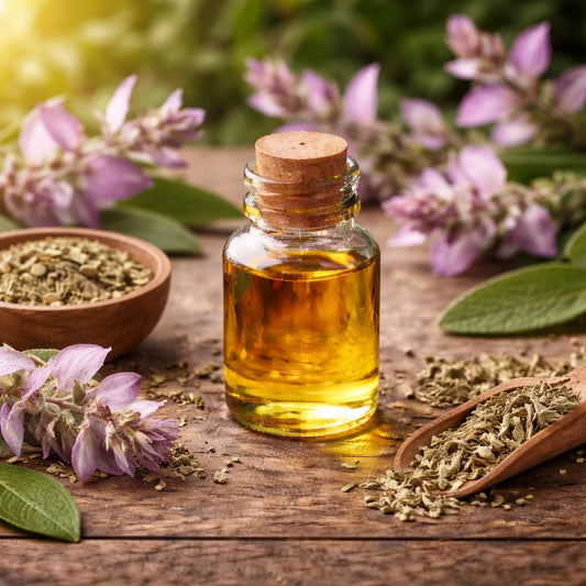 Clary sage essential oil in amongst flowers and dried herb