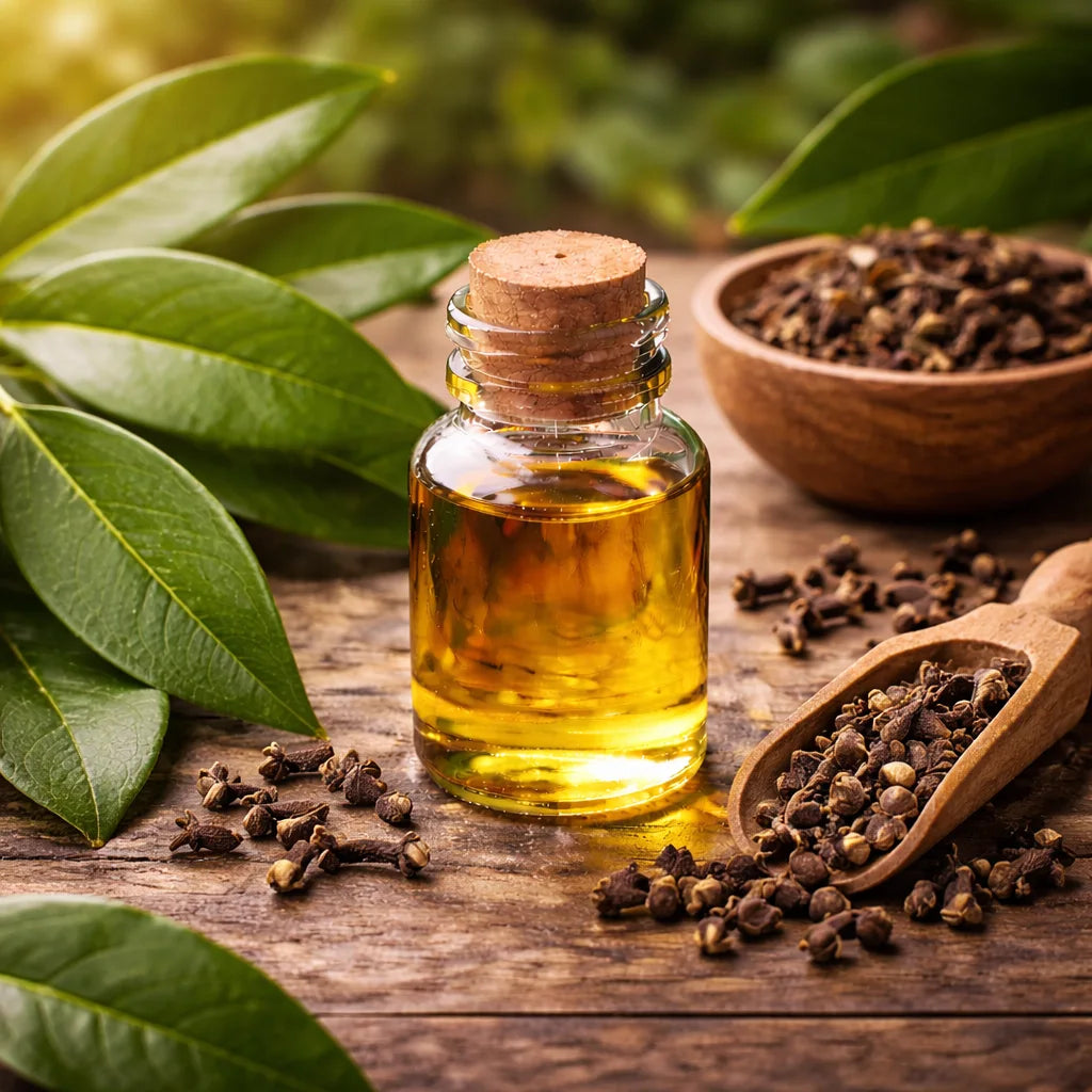 Clove leaf essential oil surrounded by cloves and clove leaves