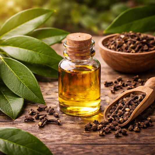 Clove leaf essential oil surrounded by cloves and clove leaves
