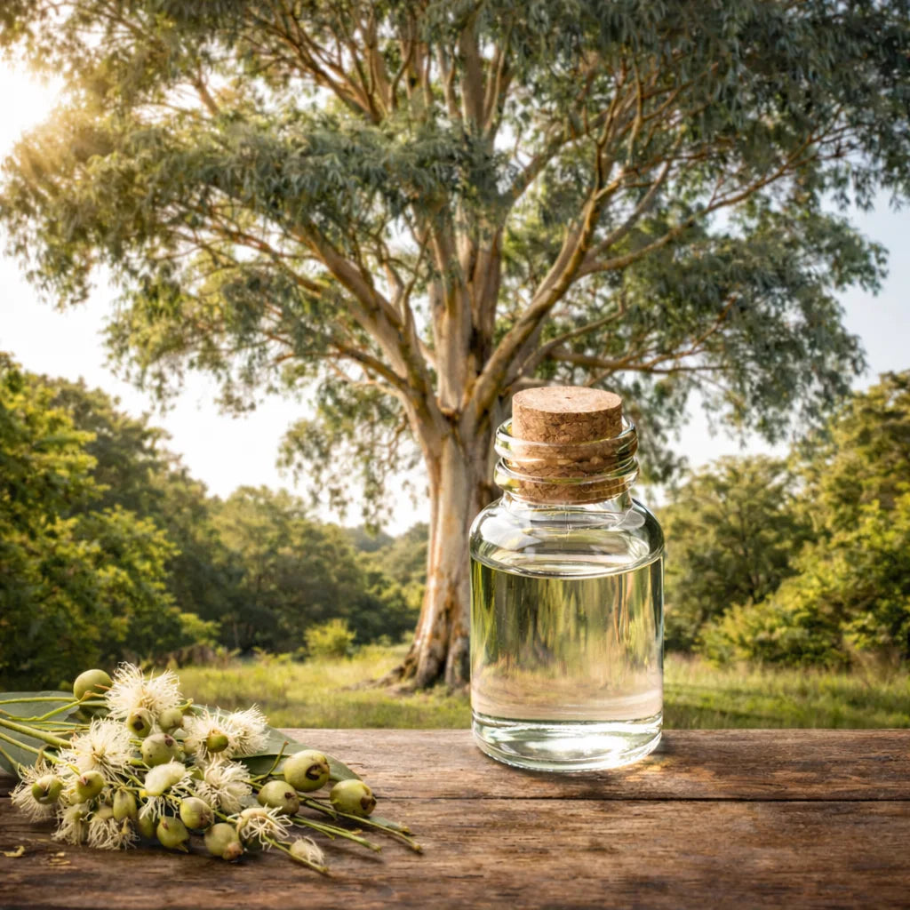 Eucalyptus blue gum essential oil before a graceful gum tree with gum flowers to the side