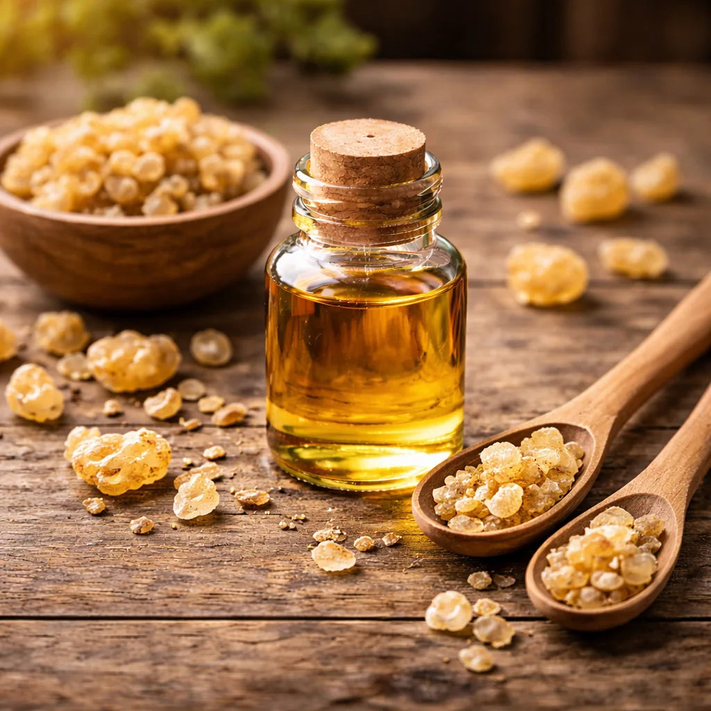 Bottle of essential oil with frankincense resin on a wooden surface