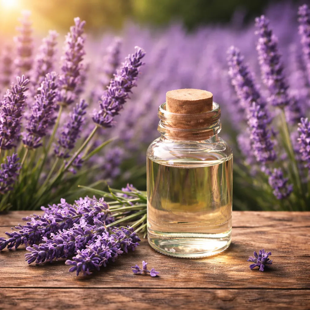 French lavender essential oil in a lavender field of purple flowers