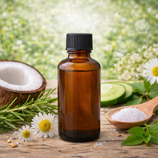Brown glass bottle of Geogard ECT preservative liquid for natural skincare formulations in cosmetic making with black cap on a wooden surface with natural elements like flowers, a coconut, and cucumbers.