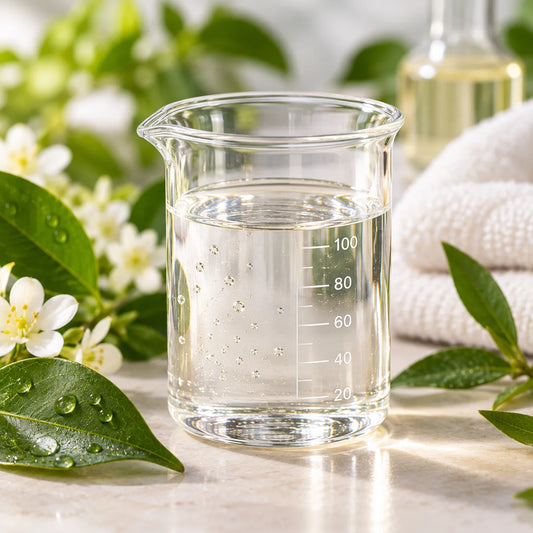 Clear beaker with clear fluid amongst leaves, towel and bottle