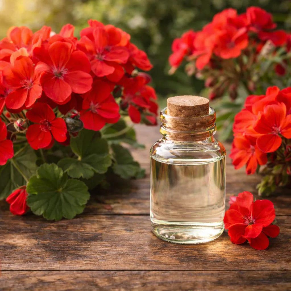 Geranium essential oil surrounded by red geraniums