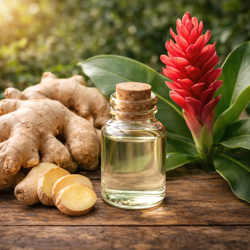 Glass bottle of ginger essential oil with a cork lid next to fresh ginger roots and a red flower on a wooden surface.