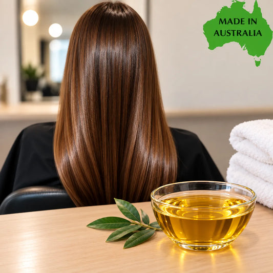 Long, straight, glossy brown hair shown from the back on a person seated in a salon chair, with a glass bowl of golden oil and green leaves on the table in the foreground. A green 'MADE IN AUSTRALIA' graphic appears in the top right corner.