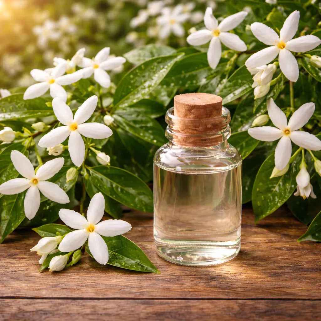 Jasmine essential oil amongst flowering jasmine vine