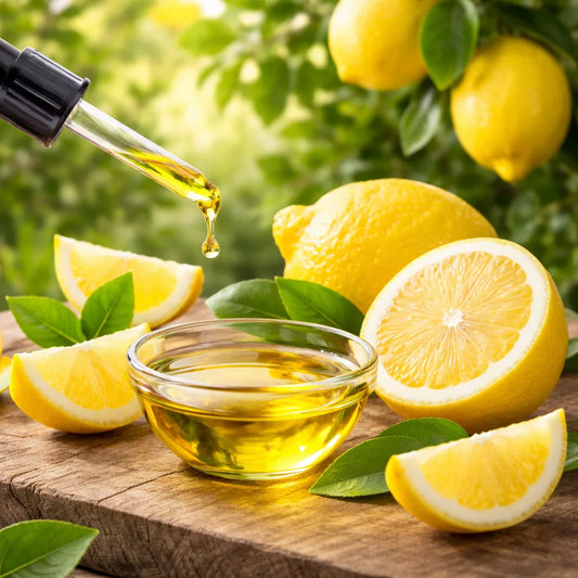 Lemon essential oil being dripped into a glass bowl with lemons on a wooden surface.