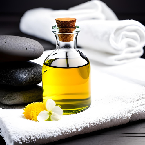 A corked bottle of massage/bath oil on white towels with flowers and pebbles