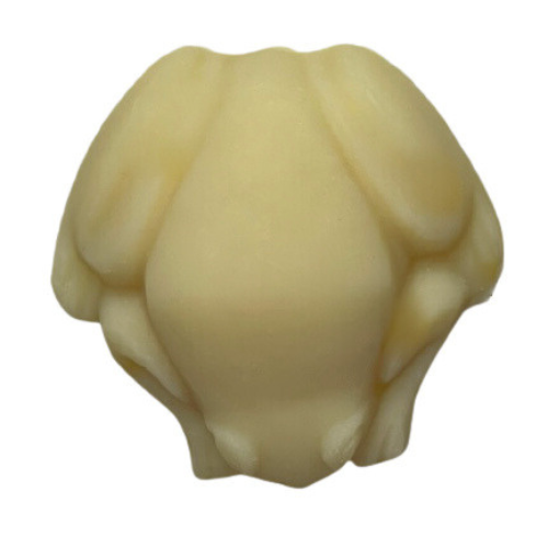 Frog shaped soap showing the colour Passionfruit and Paw Paw turns cold process soap