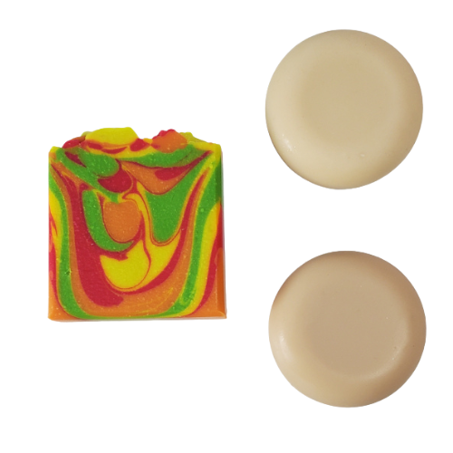 Coloured and uncoloured soap showing discolouration from fragrance