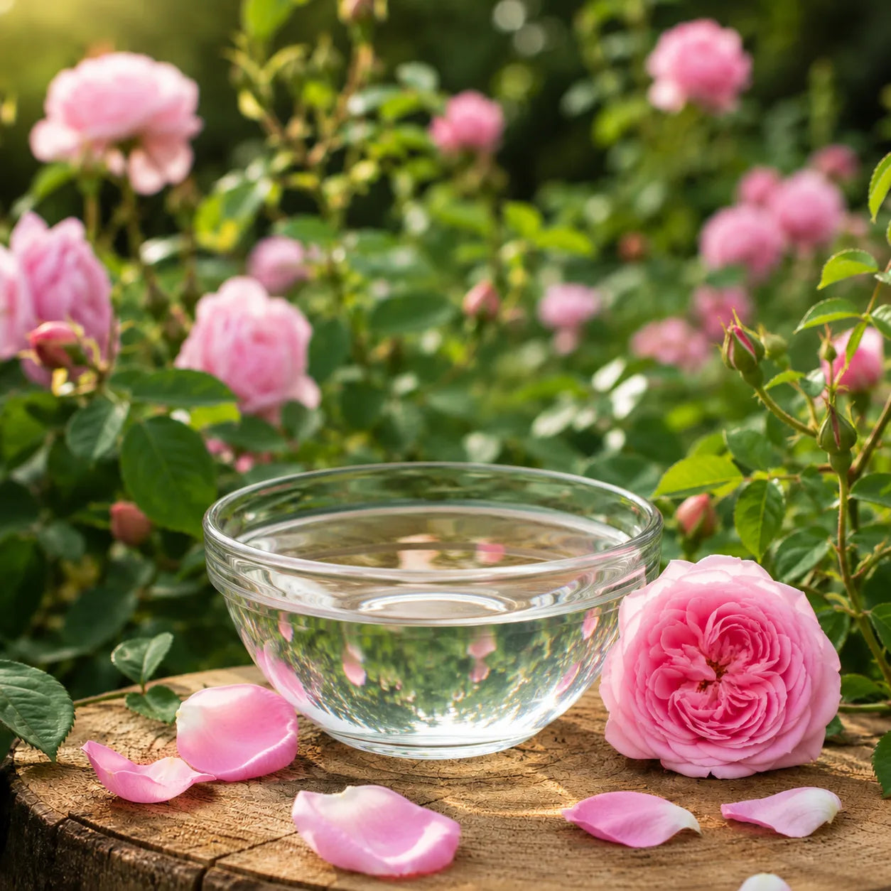 Rose hydrosol in glass bowl in a rose garden