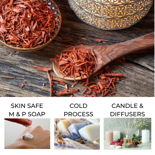 Sandalwood chips in a bowl and on a spoon on a wooden table