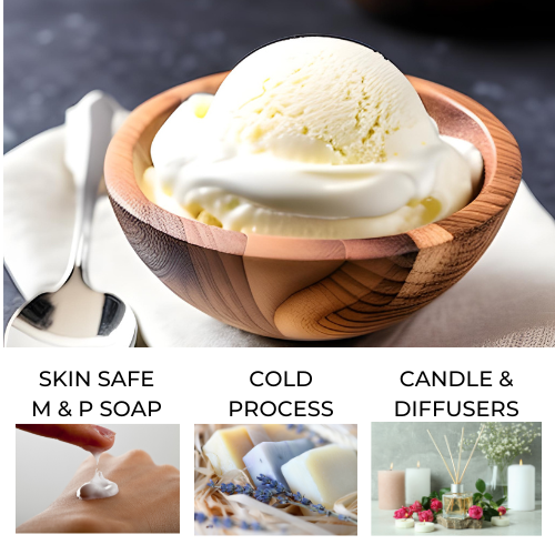 Vanilla Ice cream inside a thick sandalwood bowl to represent sandalwood vanilla fragrance oil