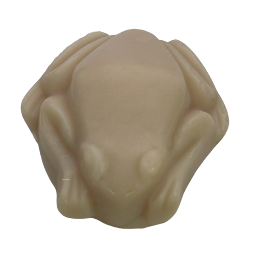 Light tan frog soap showing mild discolouration of Sandalwood Fragrance Oil in cold process soap