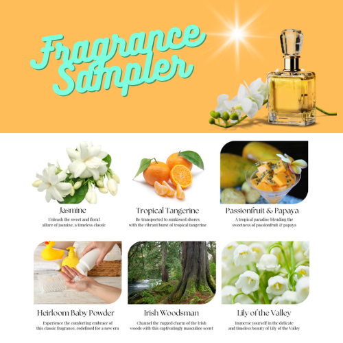 Images from each of the components of the Summer 2024 fragrance sampler pack of 6