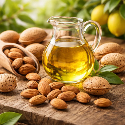 Glass pitcher of sweet almondoil with almonds on a wooden surface