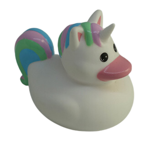 Rubber duck with horn and pastel colours through mane and tail