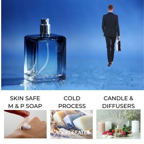 Blue glass perfume bottle with a man in a suit walking into the distance