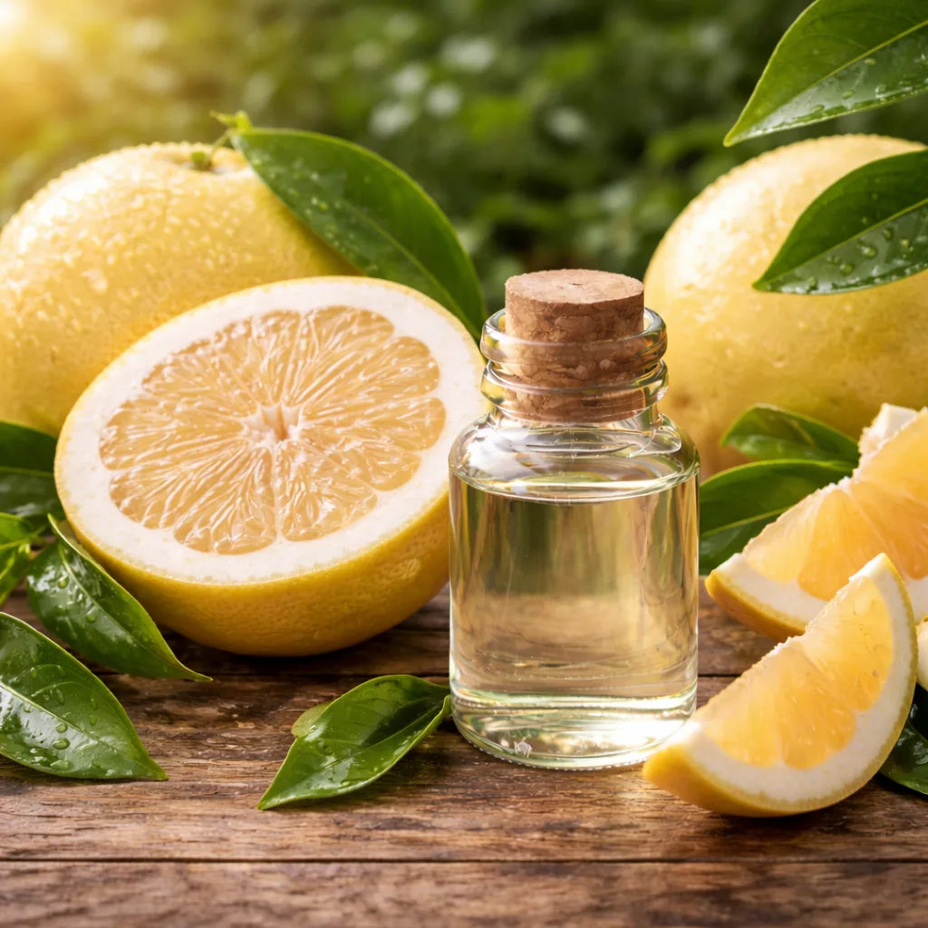 White grapefruit on a wooden table with white grapefruit essential oil