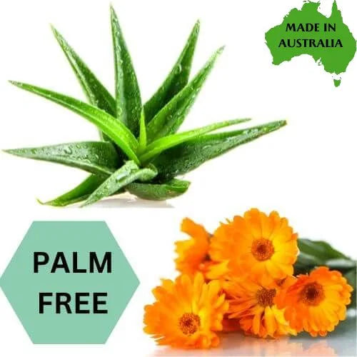 Aloe vera plant and orange flowers with 'Made in Australia' and 'Palm Free' labels on a white background.