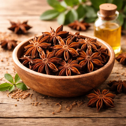 Wooden bowl filled with star anise on a wooden surface with a bottle of oil and green leaves.