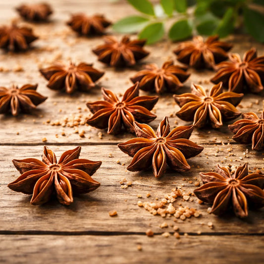 Star anise fruits on a wooden surface with a leaf in the background