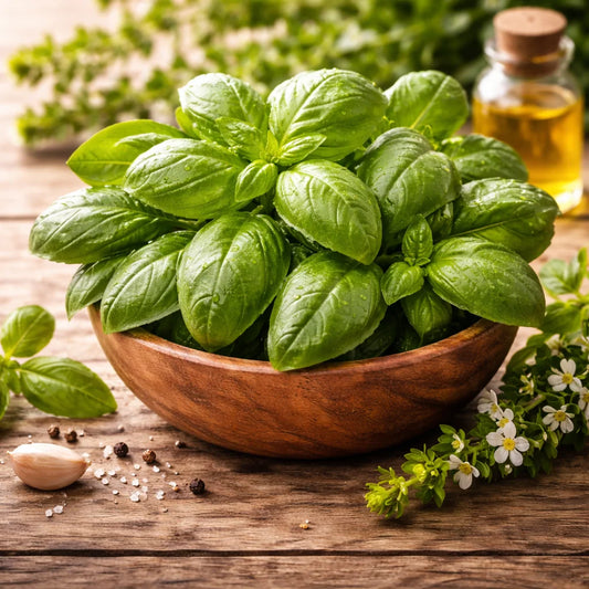 Basil leaves in a wooden bowl on a wooden surface with flowers and a bottle of oil in the background.