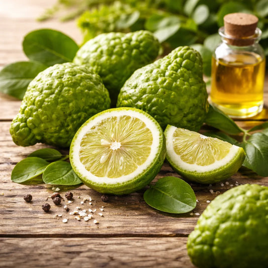 Bergamot fruit on a wooden board with oil and leaves